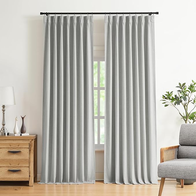 Vision Home Light Gray Pinch Pleated Full Blackout Curtains Linen Blended Room Darkening Curtain Panels 90 inch for Living Room Bedroom Thermal Insulated Pinch Pleat Drapes with Hooks 40" Wx90 Lx2