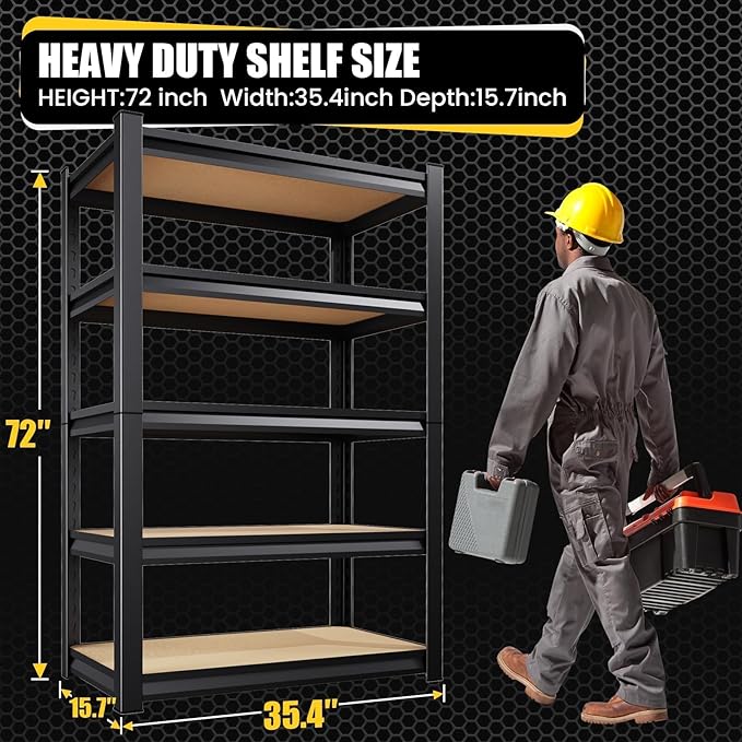 72”H*36”W Garage Shelving Heavy Duty Storage Shelves, 5-Tier Metal Adjustable Shelving Unit, 2000LBS Utility Garage Organizer Shelf Rack for Pantry, Kitchen, Warehouse, Black, 2 Pack