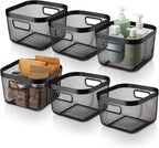 6 Pack Metal Mesh Basket with Hollow Handles Black Wire Storage Bin for Organizing Stackable Metal Fine Mesh Basket for Pantry Bathroom Kitchen Cabinets Shelves