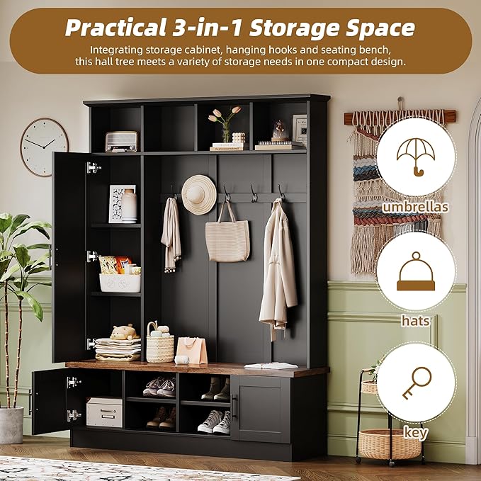 Merax Farmhouse Wood Hall Tree with Shoe Bench and 2 Drawers, 4-in-1 Coat Rack with 6 Hooks for Entrance, Hallway, Mudroom Black
