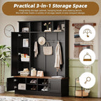 Merax Farmhouse Wood Hall Tree with Shoe Bench and 2 Drawers, 4-in-1 Coat Rack with 6 Hooks for Entrance, Hallway, Mudroom Black