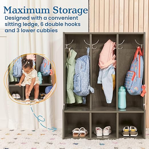 ECR4Kids Streamline 3-Section Toddler Coat Locker with Bench, Kids Furniture, Grey Wash