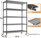 REIBII 1653LBS Storage Shelves with Wheels,76.1" H Metal Shelving 5-Tire Adjustable Wire Shelving Pantry Shelves for Garage Shelving, Pantry, Kitchen, Closet, Commercial,15.7" D x 35.4" Wx76.1 H