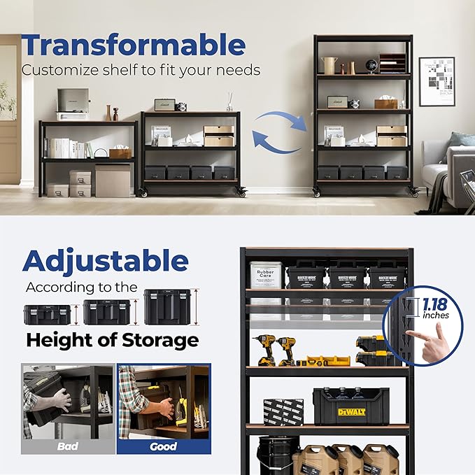 HOMEDANT House 5-Tier Metal Rolling Cart Shelf Rack Casters Heavy Duty Laminated Wheel Shelving Unit Adjustable Utility Storage Shelves Organizer Shelf Kitchen Garage (3, (L) 48.1" W, Black)