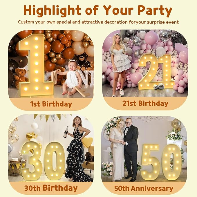 Imprsv 4FT Light Up Numbers & Letters, Marquee Numbers for 40th Birthday Decorations, Anniversary Party Decor, Pre-Cut Foam Board Kit