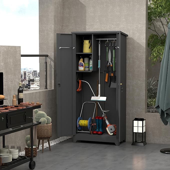 LUCYPAL Outdoor Storage Cabinet Waterproof,Metal Storage Shed with Shelves,Tool Shed with Lockable Doors and Slooping Roof for Garden,Backyard,Patio Lawn,Grey