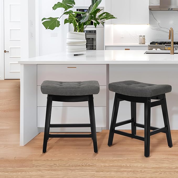 Counter Height Bar Stool Kitchen Counter Modern Backless Barstool with Upholstered Faux Leather Seat and Solid Wood Leg Farmhouse 24 inch Bar Chair, Grey + Black, 1pc