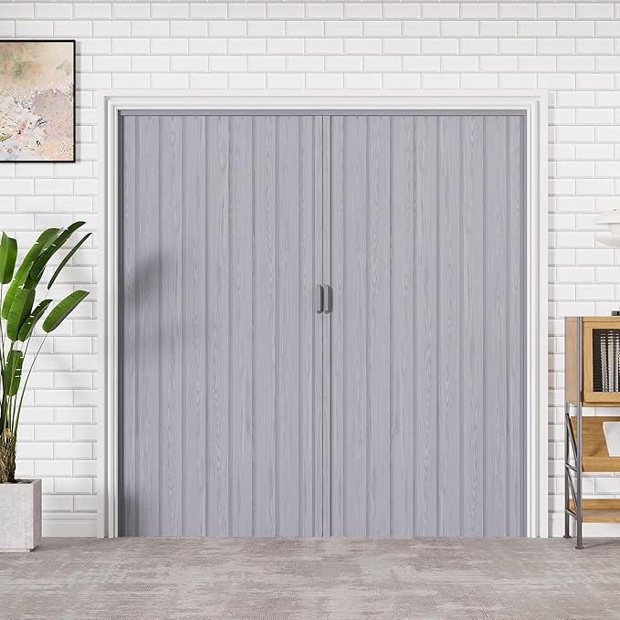 72" x 80" Accordion Doors Interior Folding Door, Grey PVC Accordion Door for Opening Width: 61"-72", Adjustable Height & Width, Two Strong Magnetic Blocks for Close Tightly, Protect Privacy
