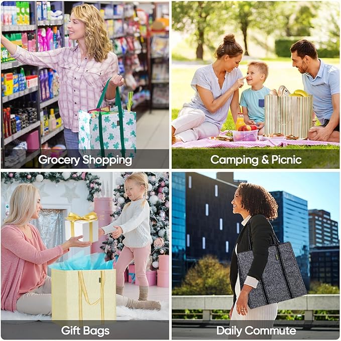 BALEINE 4 PK Grocery Bags Reusable Shopping Bags with Reinforced Bottom, Heavy Duty Foldable Tote Bags (Color Strip)
