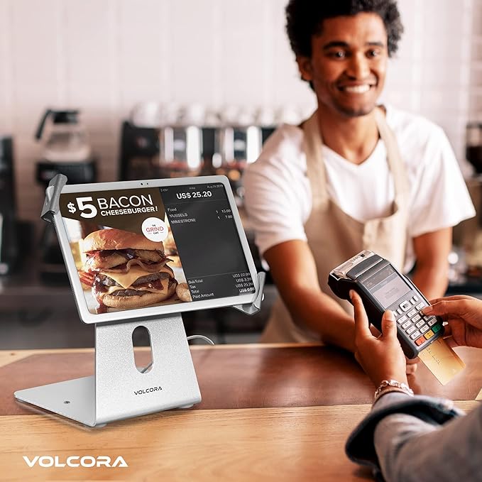 Volcora Anti-Theft Tablet Stand iPad Kiosk Stand with Lock, Silver 10-13'' iPad Stand for Desk, Swivel, Adjustable iPad Holder For Desk, iPad Mount For Desk For POS Register, Retail Business, Cashier
