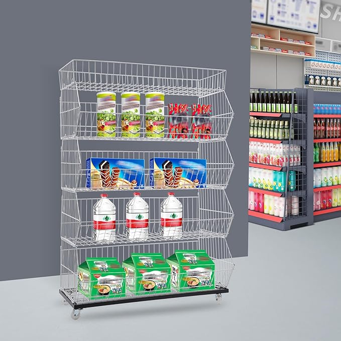 5 Tier Retail Display Rack, Rolling Storage Rack 5 Layers 35.43*16.93*53.54in Metal Display Shelf Fruit Vegetable Snack Basket Storage Supplies for Home Store Market (White, 90*43*136cm)