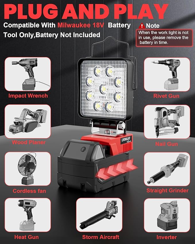 LIVOWALNY Portable LED Work Light Compatible with Milwaukee 18V Battery, 48W 4800LM Cordless Flood Light Flashlight with Low Voltage Protection USB & Type C Charger Port for Construction, Emergency