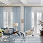 Blue Grey 90 Inch Linen Curtains Pinch Pleated for Living Room Bedroom Dining Boho Coastal Light Filtering Pinch Pleat Drapes Hooks Rings Back Tab Semi Sheer Dusty Blue Window Curtains 2 Panels