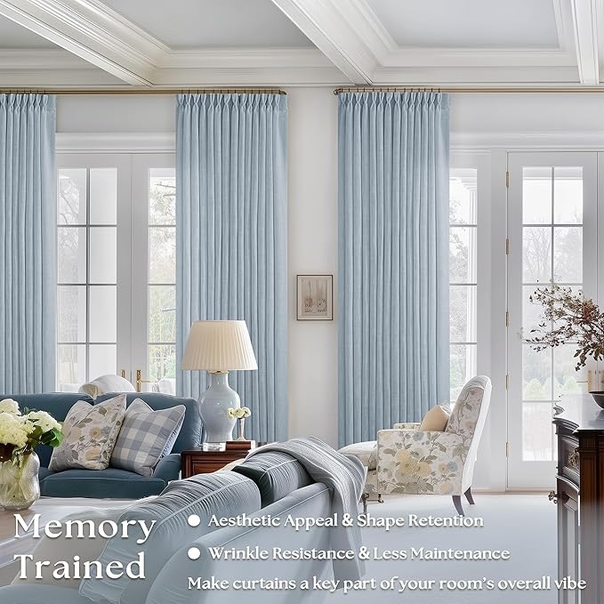 Dusty Blue Pinch Pleated Linen Curtains 84 Inches Long 2 Panels Set for Living Room Dining Pinch Pleat Back Tab Light Filtering Boho Coastal Window Curtain Drapes 84 Inch Length Light Sky Blue