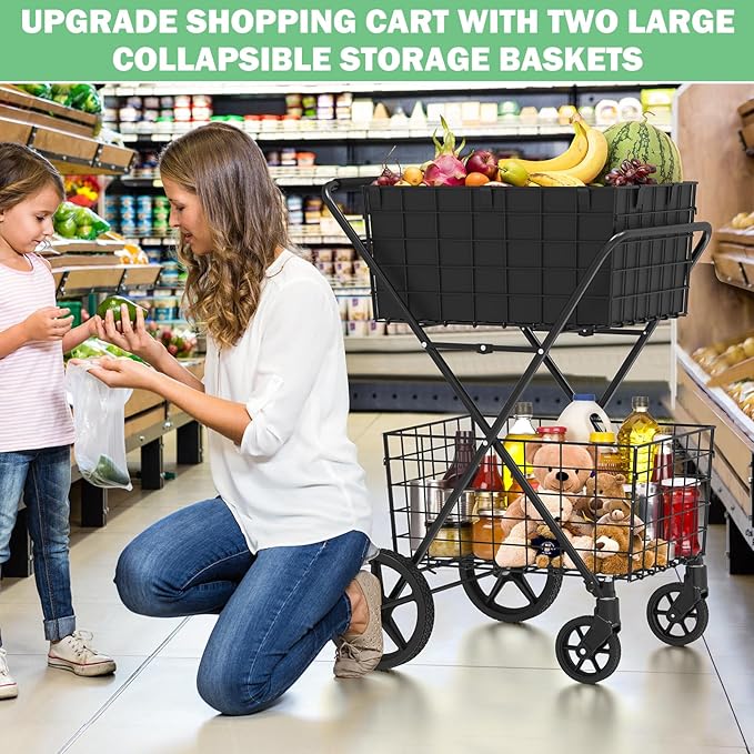 [2025𝐍𝐄𝐖] 2-Tier Extra Large Collapsible Grocery Cart On Wheels, 400lbs Shopping Cart For Groceries With 2 Removable Baskets, Waterproof Liner, Heavy Duty Foldable Shopping Utility Cart For Seniors