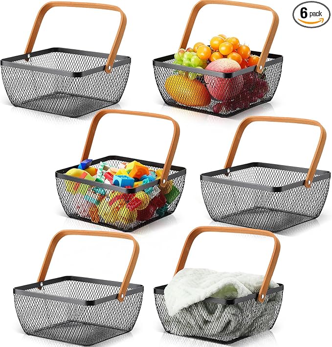 6 Pcs Metal Mesh Steel Basket with Handle Small Shopping Baskets Square Wire Harvest Storage for Kitchen Storage Garden Picnic Bathroom Organizing, 8.46 x 8.46 x 4.13 Inch(Black)