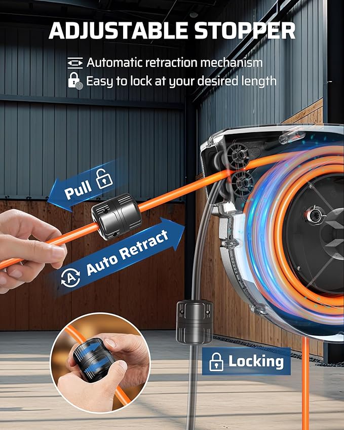 DEWENWILS 45FT Retractable Extension Cord Reel with Twist-lock Stopper, 12/3C/15A SJTOW Power Cord Reel, Lightweight and Portable, for Home Maintenance, Garages, Workshops, ETL Listed, Orange