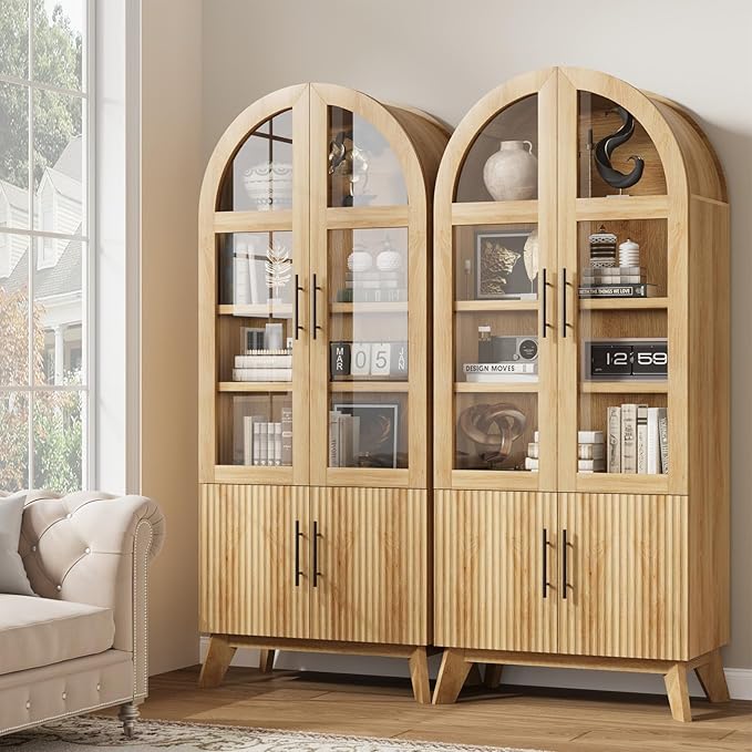 71" Modern Fluted Display Cabinet with Glass Door, Arched Curio Cabinet with Adjustable Shelf, Bookcase for Collectibles Books, Storage Cabinet for Living Room, Dining Room, Natural Oak