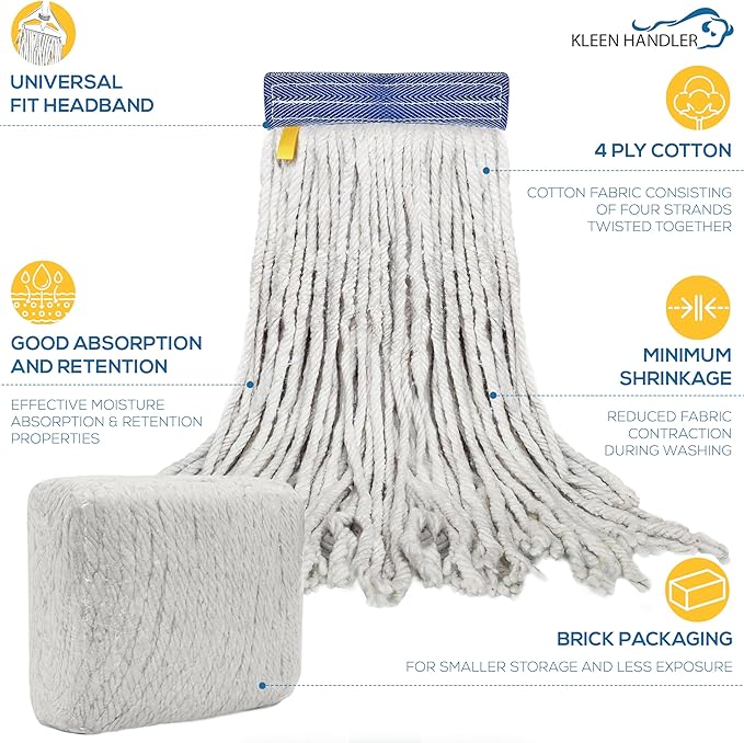 Pack of 3 Cut End Cotton Mop Head Replacement, 1.25-inch Universal Headband, Wet Mop Refills, Natural, 16 Oz