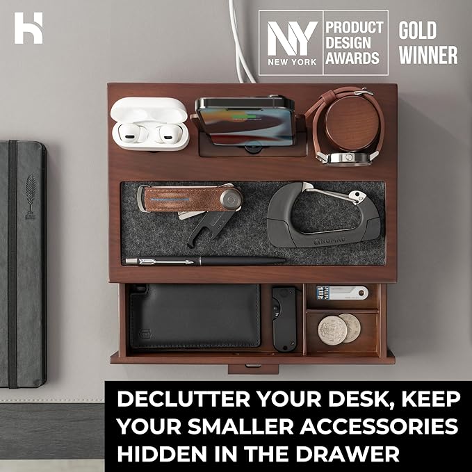 Holme & Hadfield Premium Wooden Phone Docking Station with Drawer – Nightstand Organizer for Charging Phone & Earbuds – Declutter Your Space with Felt-Lined Protection & Watch Pillar - Gift For Men