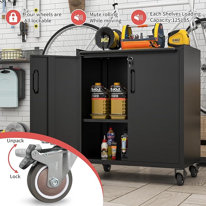 Metal Tool Storage Cabinet for Garage,Mobile Heavy Duty Garage Tool Chests & Cabinets with Lockable Doors,Black Rolling Tool Cabinets with Wheels,Assembly Required