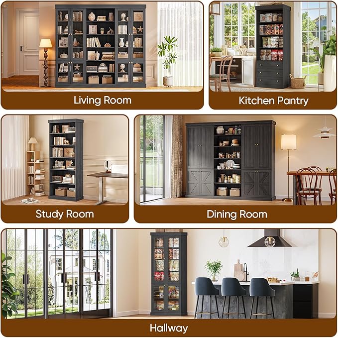 70.8" Bookshelf with Glass Doors, Farmhouse Modular Bookcase with 6-Tier Adjustable Shelves, Large Storage Cabinet for Living Room & Home Office, Set of 2, Black