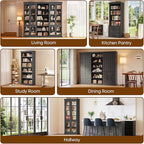 70.8" Tall Farmhouse Bookshelf, Modular Bookcase with Glass Doors, 6-Tier Adjustable Shelves, Large Storage Cabinet for Kitchen, Living Room, Black, Set of 2