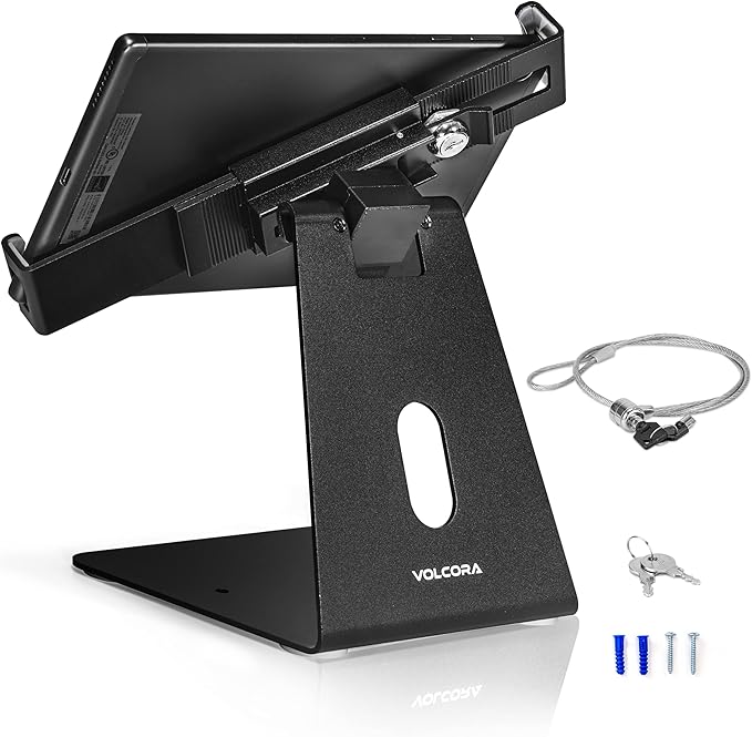 Volcora Anti-Theft Tablet Stand iPad Kiosk Stand with Lock, Black 10-13'' iPad Stand for Desk, Swivel, Adjustable iPad Holder For Desk, iPad Mount For Desk For POS Register, Retail Business, Cashier