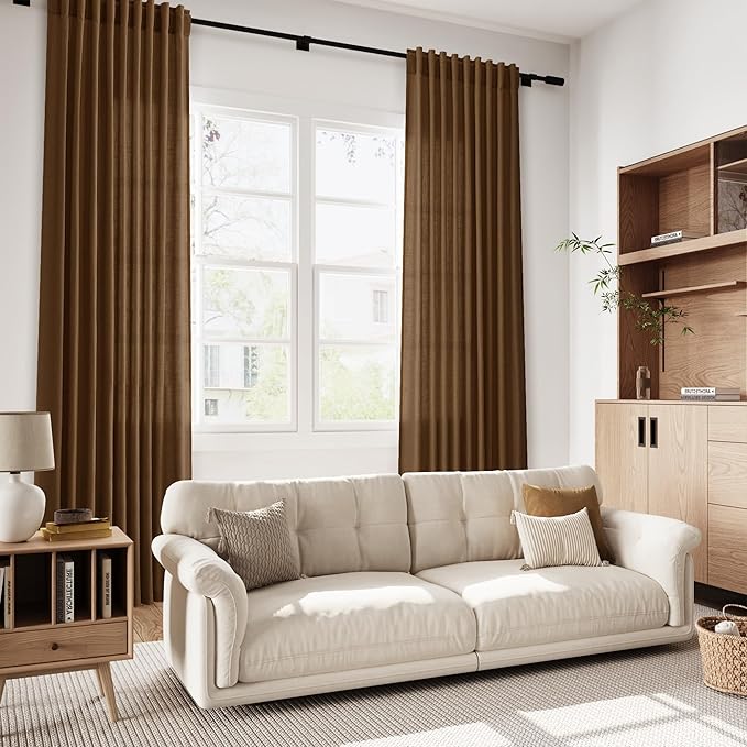 Tobacco Brown Linen Curtains 96 Inches Long for Living Room Rod Back Tab Vintage Rustic Farmhouse Cotton Textured Light Filtering Curtain 96 Inch Length for Dinning Room Bedroom 52x96