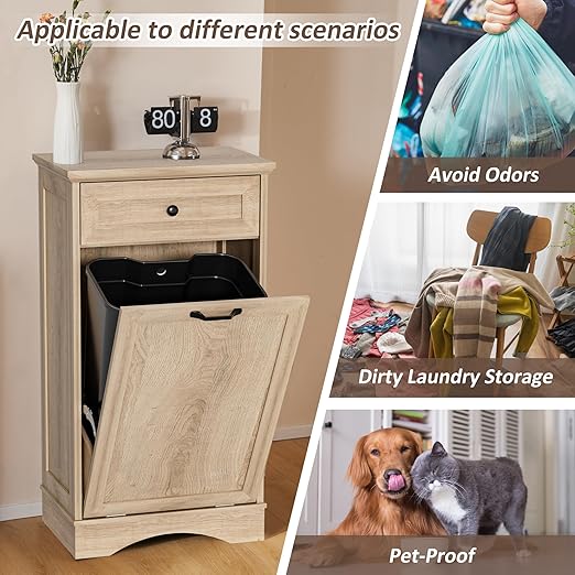 13 Gallons Tilt Out Trash Cabinet Freestanding Kitchen Trash Bin Cabinet Wood Garbage Recycling Cabinet with Hideaway Drawer Pet Proof Trash Can Holder for Kitchen Living Room, Light Wood