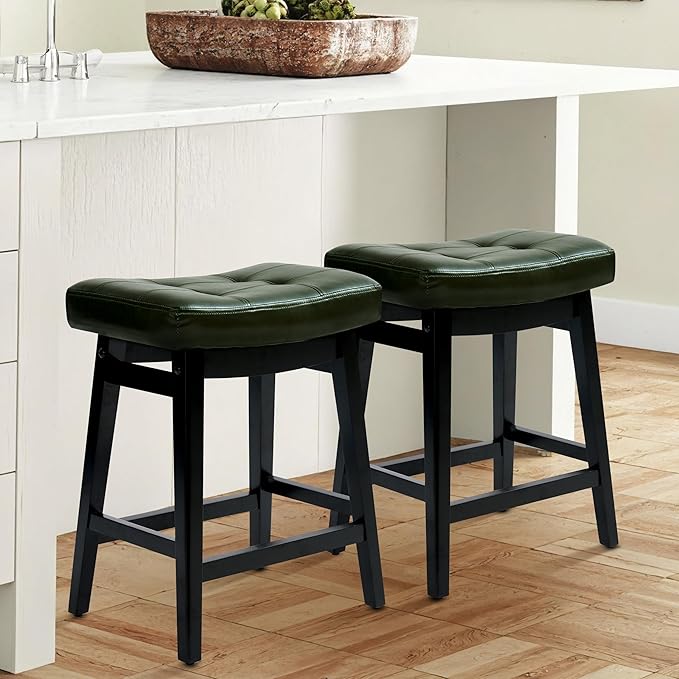 Counter Height Bar Stools Set of 2 for Kitchen Counter Farmhouse Modern Barstools with Faux Leather Upholstered Backless Seat and Solid Wood Legs 24 inch Bar Chairs, Green + Black