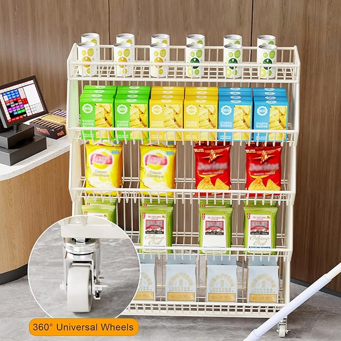 Commercial Supermarket Display Cart - 5-Tier Industrial Slanted Rolling Shelves Metal Storage Rack for Retail Store, Warehouse & Home Use, 66LBs/Tier Tool-Free Setup