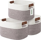 Cotton Rope Basket, Storage Baskets with Handle, 15x10x9 Inch Woven Basket for Shelves, Laundry, Towels, Clothes, Books (White Brown 3 Pack)