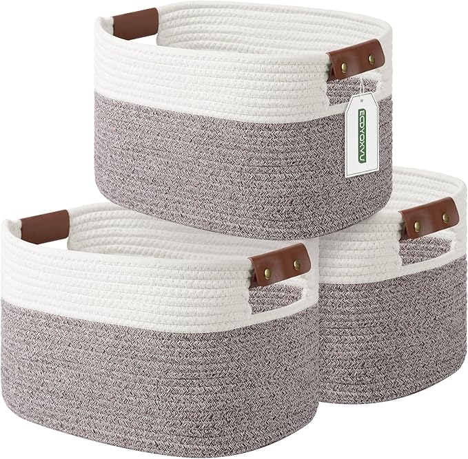 Cotton Rope Basket, Storage Baskets with Handle, 15x10x9 Inch Woven Basket for Shelves, Laundry, Towels, Clothes, Books (White Brown 3 Pack)