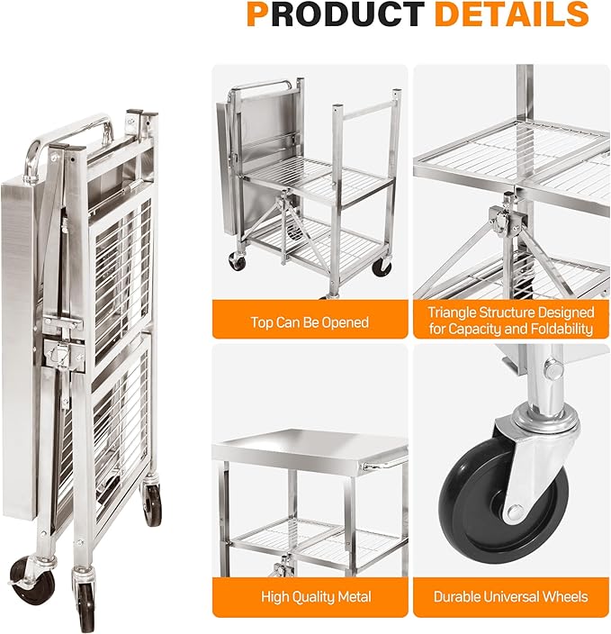 3 Tired Folding Grill Cart, Metal Pizza Oven Stand Table with 2 Total Lock Casters, Stainless Steel Outdoor Rolling Cart with Wheels for Home Party, Bar, Camping
