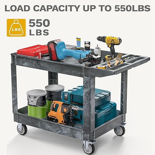 DWVO Service Utility Cart on Wheels, 550 lbs 2 Shelf Heavy Duty Rolling Carts, 45 x 25 in Plastic Cart Work Carts with Wheels for Warehouse Garage School & Office, Cleaning