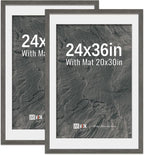 VCK 24x36 Poster Frame 2 Pack - Grey, High-End Wood Picture Frames with Polished Plexiglass, Display 20x30 Photo with Mat or 24x36 without Mat, Art Gallery-Quality, Wall Hanging, Grey