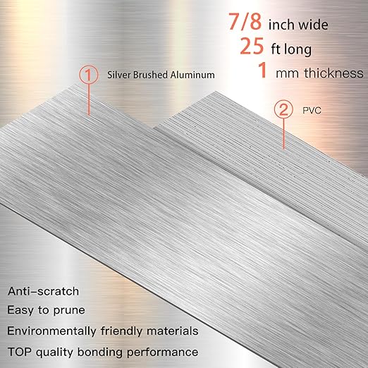 GSCIT Club Silver Edge Banding, 7/8 Inch x 25ft Aluminum Brushed Edge Banding PVC Edge Trim for Cabinet Repair Furniture