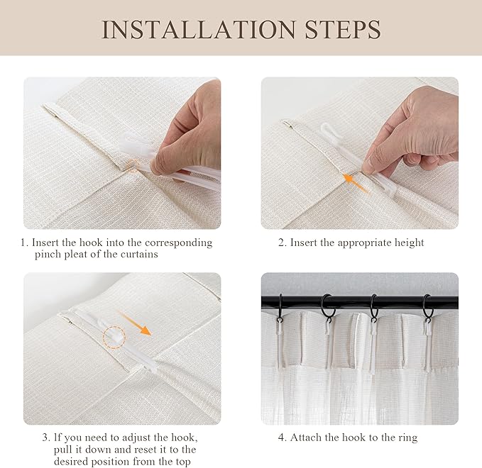 MYSKY HOME Natural Curtains for Bedroom 63 Inches Long Pinch Pleated Semi Sheer Drapes Boho Decor Country Style Kitchen Panels Set, Light Filtering Privacy Blind Back Tab, 40" x 63", Beige, 2 Panels