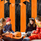 2 Pack Halloween Photo Backdrop, 3.28 FT x 7.05 FT Orange and Black Party Streamer, Metallic Foil Fringe Curtains Tinsel Backdrop, Halloween Birthday Party Decorations Hanging Decor Indoor