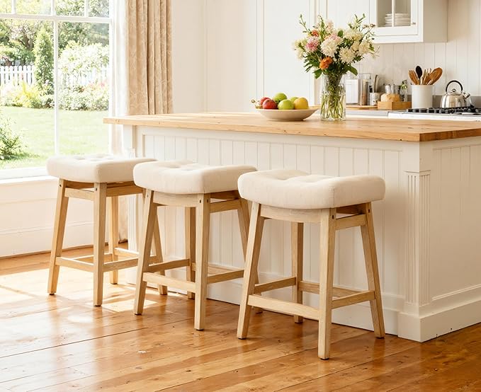 Counter Height Bar Stools Set of 2 for Kitchen Counter, Backless Farmhouse Kitchen Island Barstools with Upholstered Fabric Saddle Seat and Solid Wood Legs Modern 24 inch Bar Chairs, Khaki