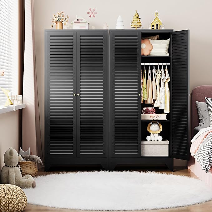 Letaya Metal Wardrobe Cabinets,71" Tall Armoire Wardrobe Closet with Fluted Doors and Shelves,Large Coat Closet Cabinet with Hanging Rod,Clothing Storage Cabinets for Home Room(Black)