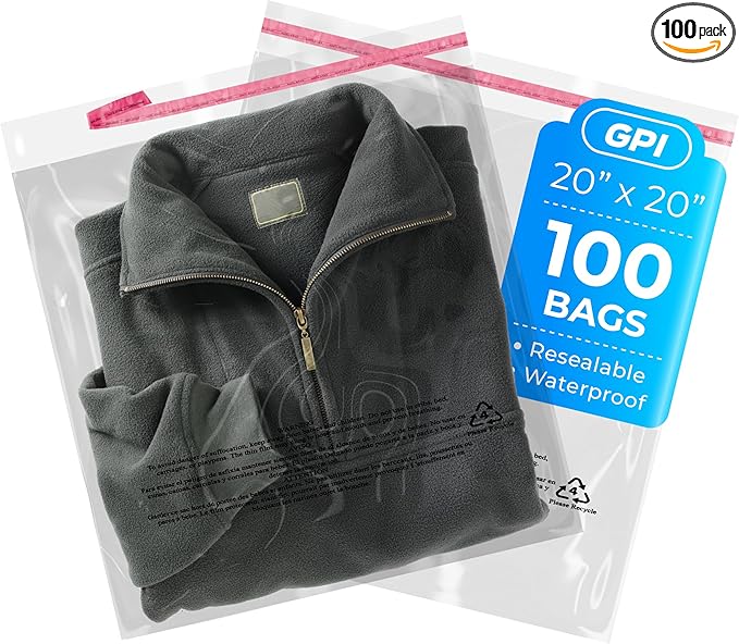 100 Count - 20" x 20" Extra-Large Self Seal Poly Bags with Suffocation Warning, 1.5 Mil, Clear Polybags with Resealable Adhesive Strip for Shipping & Packaging Clothing, T Shirts & Sweaters. GPI