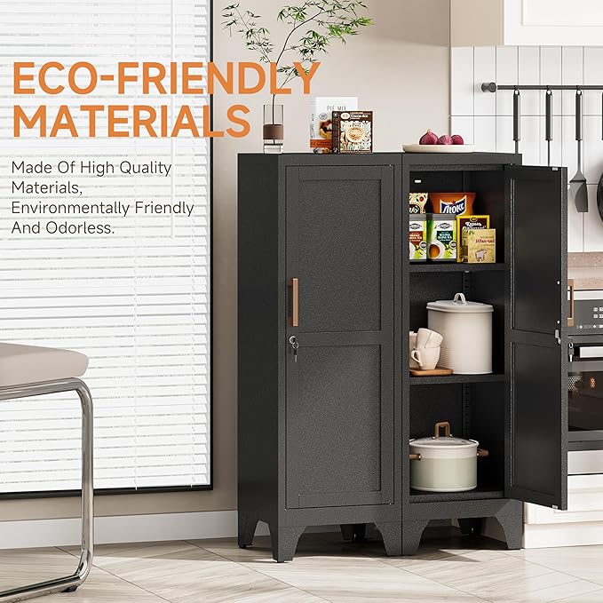 Bestoo Metal Locking Cabinet, 46" H Storage Locker with 1 Magnetic Door and 2 Adjustable Shelves, 3-Tier Black Storage Cabinet for Bathroom, Kitchen, Pantry, Home, Office, Garage