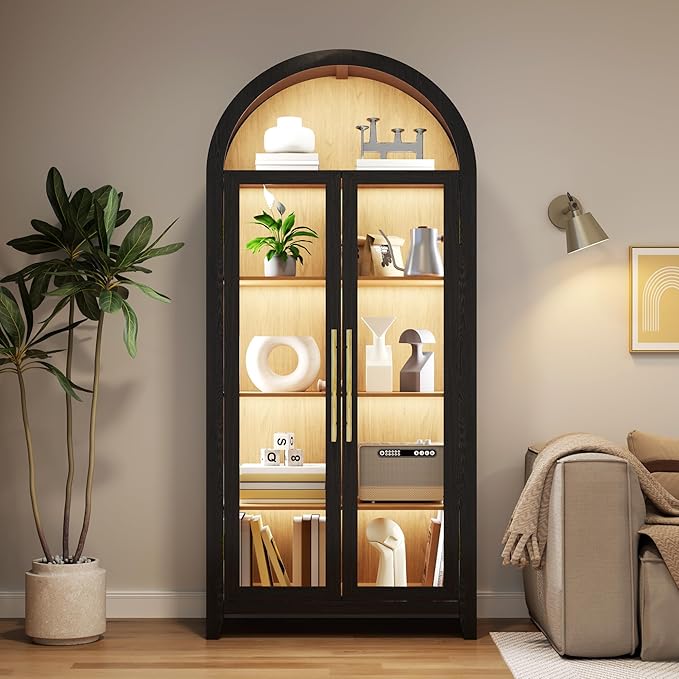 Vlsrka 71" Arched Display Cabinet with Glass Doors, Curio Cabinet with LED Light & Human Sensor, 5-Tier Display Cases for Collectibles, Storage Cabinet with Ajustable Shelf for Living Room(Black+Wood)