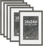 VCK 16x24 Poster Frame 5 Pack - Grey, High-End Wood Picture Frames with Polished Plexiglass, Display 12x18 Photo with Mat or 16x24 without Mat, Art Gallery-Quality, Wall Hanging, Grey