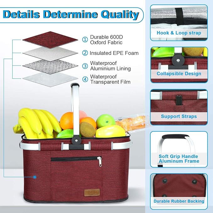 LIQING 35L Large Picnic Basket 2 Layers of Internal Pockets Leak-Proof and Insulated ，Folding with Internal Support for enhansed Stability, Wedding Gifts for Couple(Wine red)