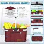 LIQING 35L Large Picnic Basket 2 Layers of Internal Pockets Leak-Proof and Insulated ，Folding with Internal Support for enhansed Stability, Wedding Gifts for Couple(Wine red)