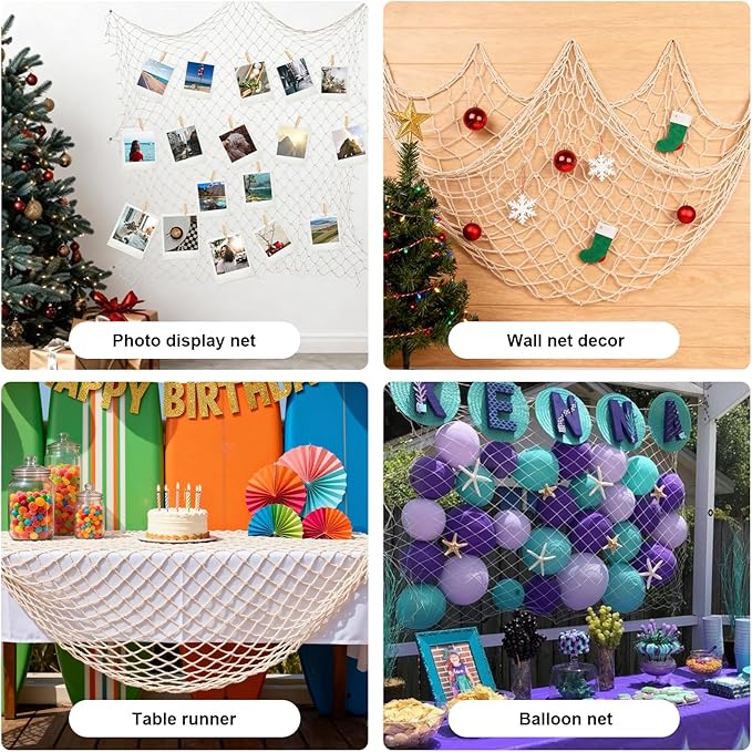 3 Pack Fish Net Decorations - 80x40 Inch Beige Fishing Net Decor for Priate Under The Sea Hawaiian Beach Themed Party, 3mm Thick Natural Cotton Nautical Netting for Party Wall Table Ceiling Decor