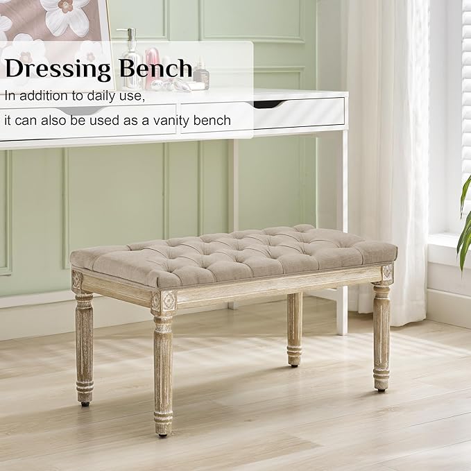 LOULENS French Vintage Bench, Linen Fabric Entryway Bench, Upholstered Tufted End of Bed Bench with Brushed Wood Legs,Light Brown